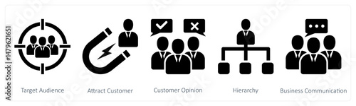 A set of 5 business icons as target audience, attract customer, customer opinion
