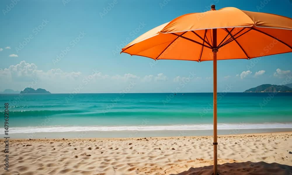 Orange beach umbrella casting shadow on white sand near turquoise sea under blue sky. Concept of summer seaside relaxation Orange beach umbrella casting shadow on white sand near turquoise sea under blue sky. Concept of summer seaside relaxation