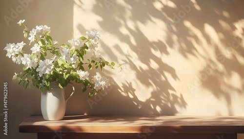 Fototapeta Naklejka Na Ścianę i Meble -  Soft sunlight casts shadows on a wooden surface with white flowers.