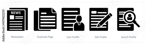 A set of 5 business icons as newspaper, duplicate page, user profile