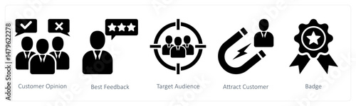 A set of 5 business icons as customer opinion, best feedback, target audience
