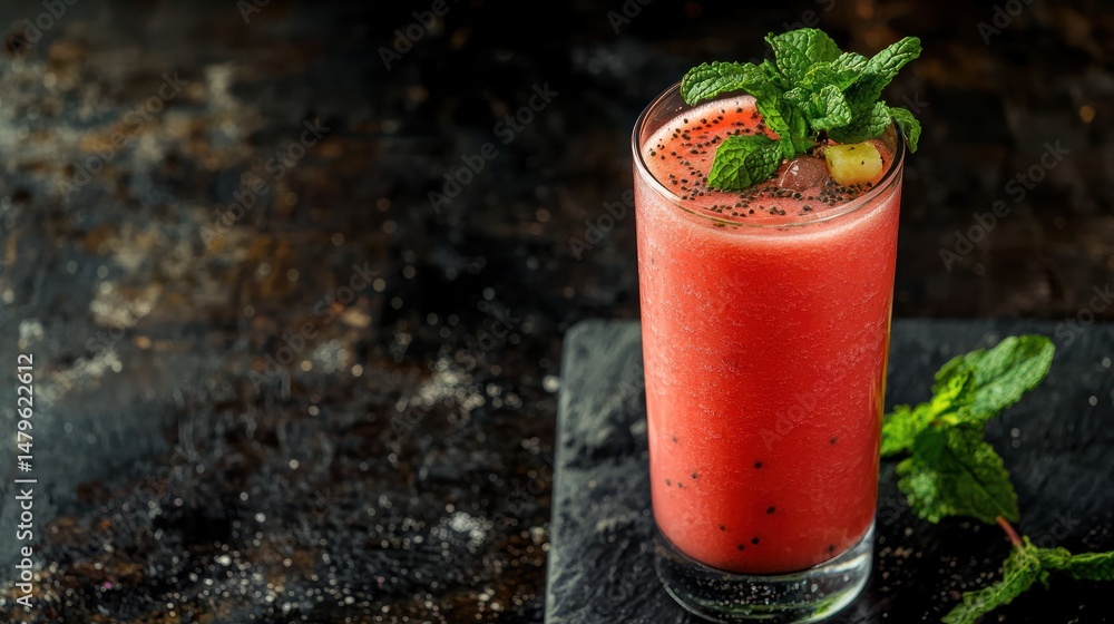 A fresh ilama fruit smoothie in a tall glass, garnished with a sprig of mint A fresh ilama fruit smoothie in a tall glass, garnished with a sprig of mint
