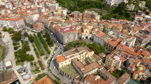 Aerial view of the historic center of the city of Castellammare di Stabia. It is a town in the province of Naples, Campania, Italy. In the center there is the cathedral of the town.