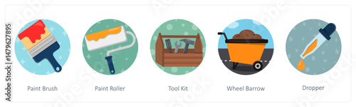 A set of 5 mix icons as paint brush, paint roller, tool kit