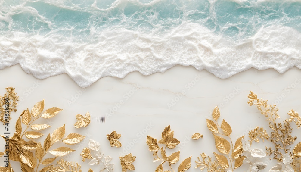 Fototapeta premium Ocean waves with golden leaves on a light surface.