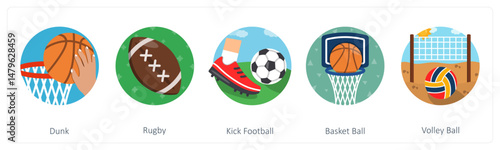 A set of 5 mix icons as dunk, rugby, kick football