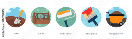 A set of 5 mix icons as trowel, tool kit, paint roller