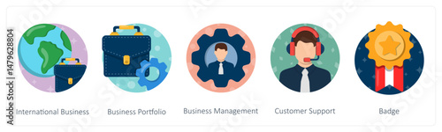 A set of 5 mix icons as international business, business portfolio, business management