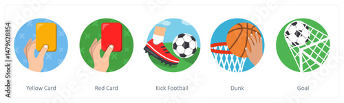 A set of 5 mix icons as yellow card, red card, kick football
