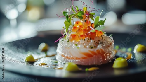 A gourmet dish garnished with finger lime pearls, adding a pop of citrusy flavor © Soknea