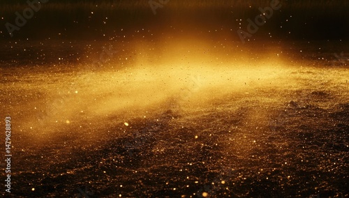 Wallpaper Mural Golden dust particles suspended in air, creating a hazy, luminous effect over a dark surface.  A warm, golden light illuminates the scene, with fine particles scattered throughout Torontodigital.ca