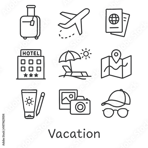 Vacation icons including suitcase, airplane, hotel, and sun protection  