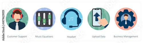 A set of 5 mix icons as customer support, music equalizers, headset