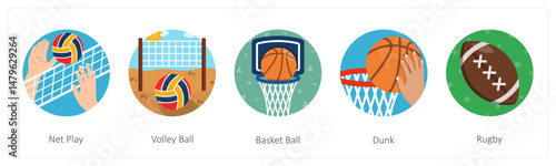 A set of 5 mix icons as net play, volley ball, basket ball