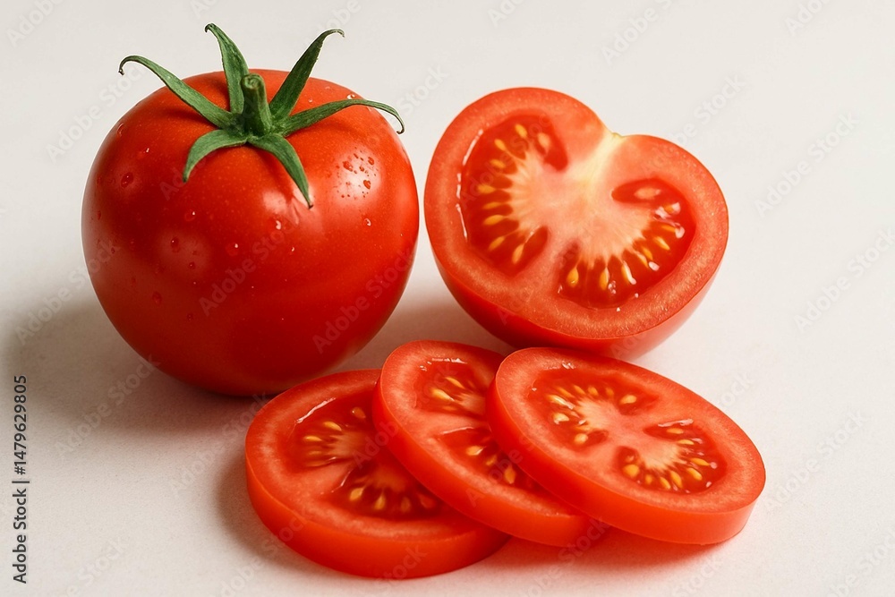 Fototapeta premium Ripe red tomatoes, including a juicy cherry tomato on the vine and isolated singles, offer fresh, healthy, and organic vegetarian ingredients against a clean white background