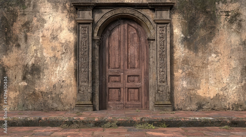 Aged, weathered stone wall with antique wooden door. Aged, weathered stone wall with antique wooden door.