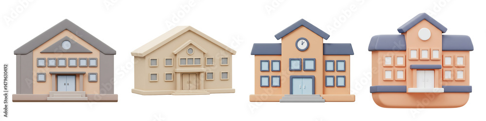 Fototapeta premium School Building Icons – Front View – PNG Clipart Set