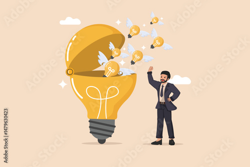 Unlocking Creative Potential Illustration of a Light Bulb Opening to Release Smaller, Winged Light Bulbs, Symbolizing the Generation of Innovative Ideas.