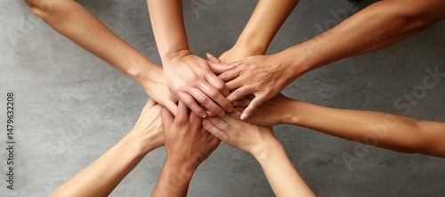 Diverse hands clasped together, showing unity and collaboration.  Many hands joined in a circle, symbolizing teamwork and support