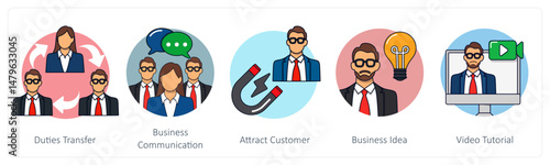A set of 5 business icons as duties transfer, business communication, attract customer