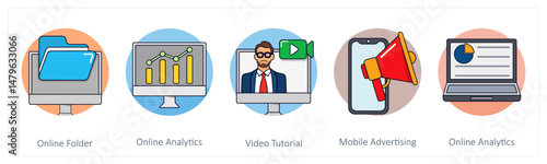 A set of 5 business icons as online folder, online analytics, video tutorial