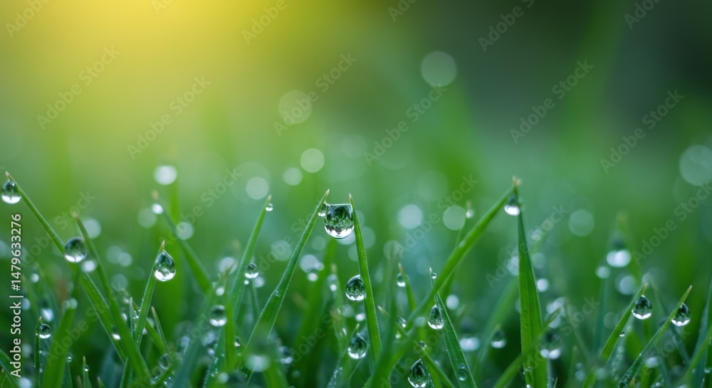 Dewdrops cling to green blades a blurry world reflected in liquid spheres Dewdrops cling to green blades a blurry world reflected in liquid spheres