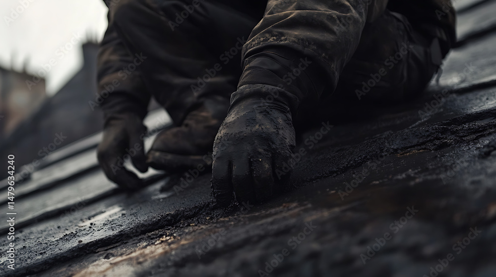 Roofing Worker Applying Tar on a Roof Roofing Worker Applying Tar on a Roof