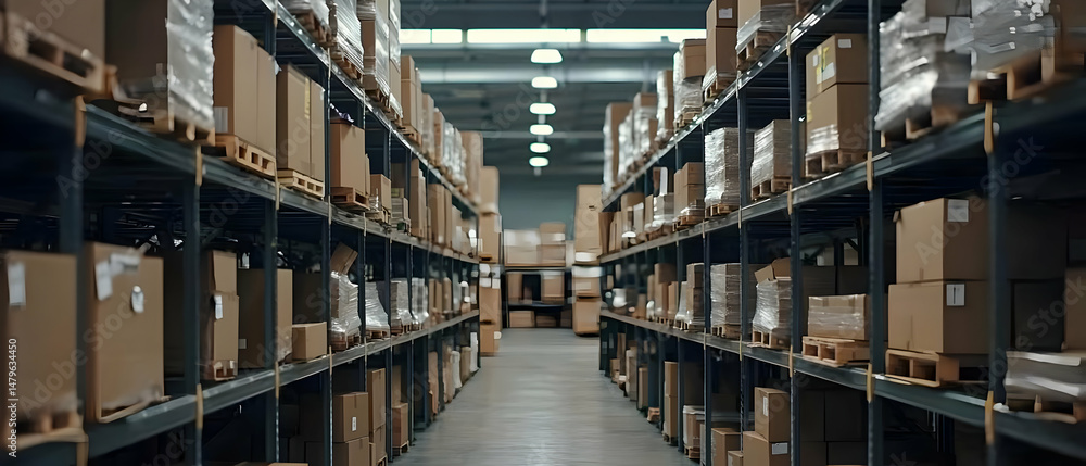 Organized Warehouse With Brown Cardboard Boxes On Metal Shelving Organized Warehouse With Brown Cardboard Boxes On Metal Shelving