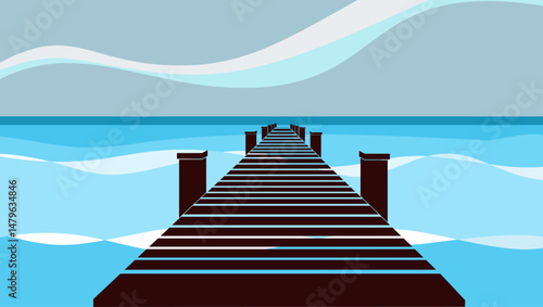 pier landscape, flat color illustration