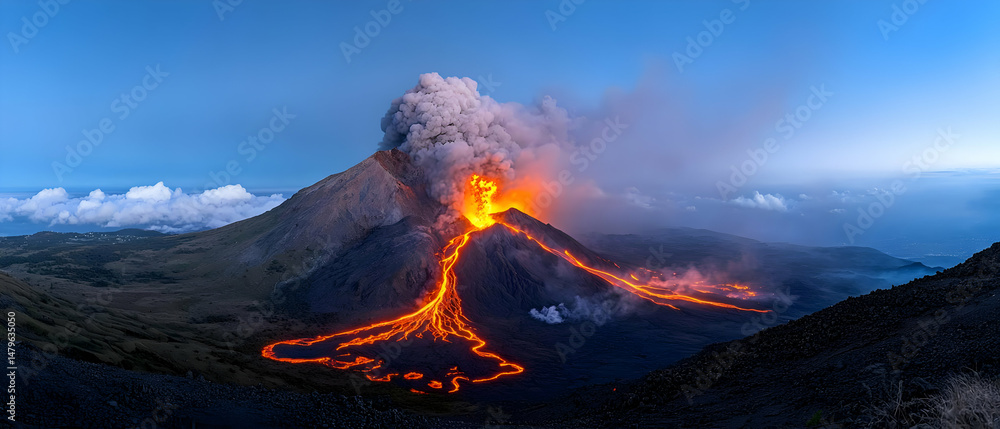 Fototapeta premium Active Volcano Eruption With Glowing Lava Flow