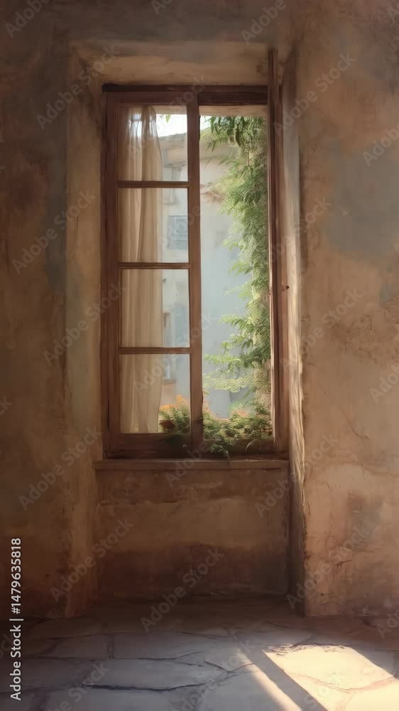 Interior view of an old world room through a wooden window frame with plants and flowers looking at a courtyard scene with an aged wall texture. Interior view of an old world room through a wooden window frame with plants and flowers looking at a courtyard scene with an aged wall texture.