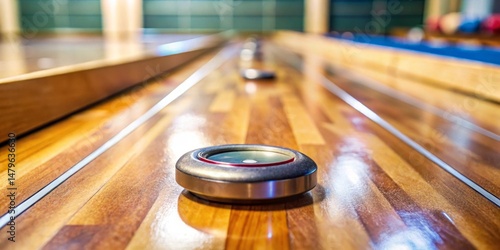 Indoor recreation a close-up view of a polished wooden shuffleboard table with metallic pucks