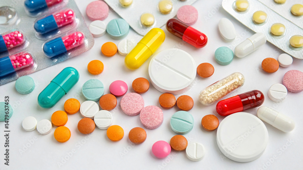 Colorful Pills and Capsules Spilled from Bottle on Blue Background Colorful Pills and Capsules Spilled from Bottle on Blue Background