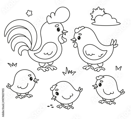 Cute Chicken Family in Nature Coloring Page. Vector Illustration