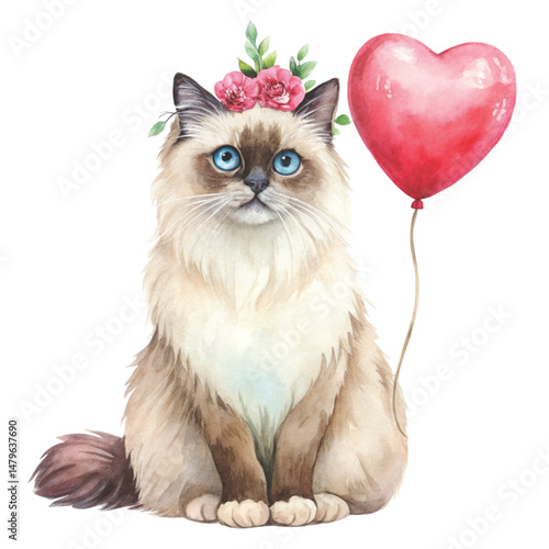 world's cutest Cat breeds flower crowns giant heart-shaped balloon white background 