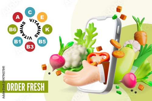 Online order of fresh vegetables and greenery, 3D plastic style vector vitamins ingredients, hand from smartphone screen