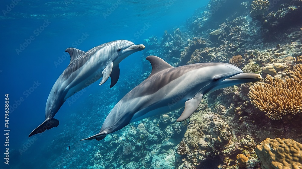 Fototapeta premium Two Dolphins Swimming Gracefully Underwater Ocean Coral Reef Wildlife Nature Aquatic Marine Life Beautiful Undersea Scene Amazing Underwater World 