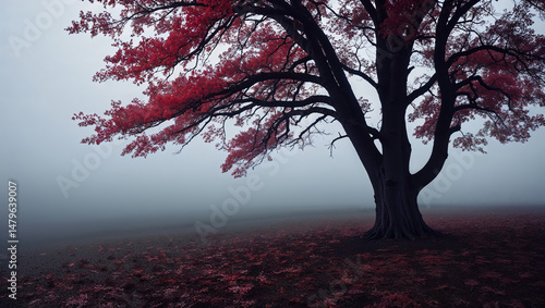 Majestic lonely tree with red leaves standing in foggy landscape