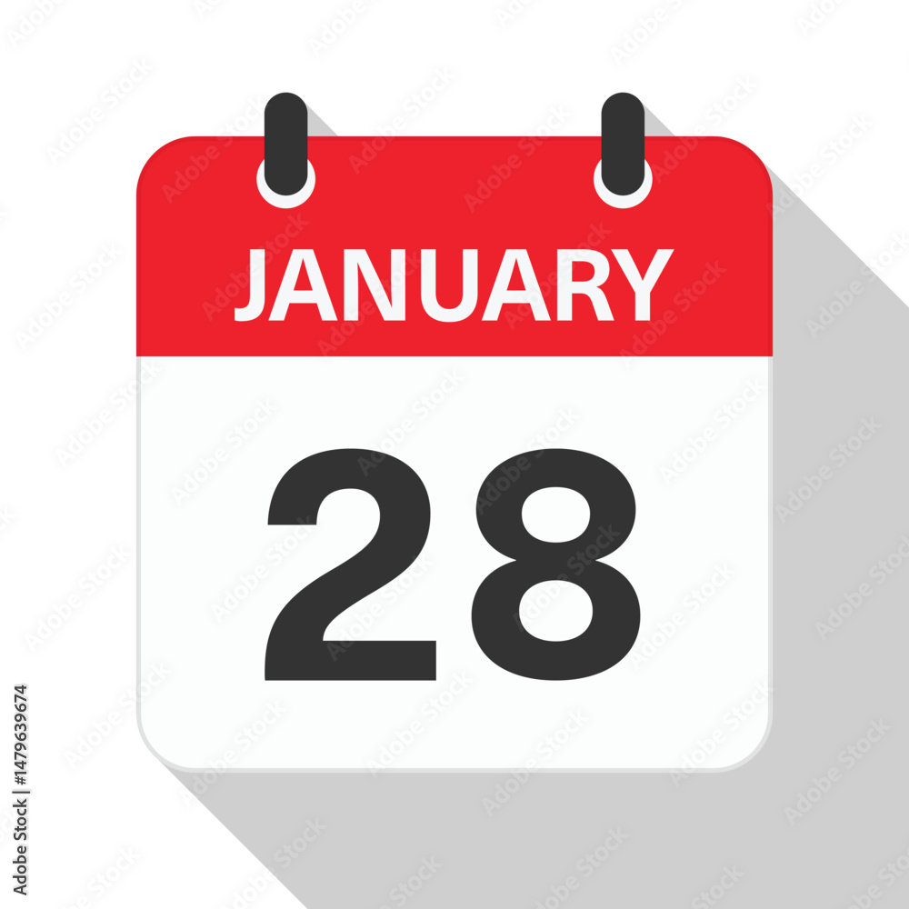 Fototapeta premium January 28 Daily Calendar. Red Theme on White Background