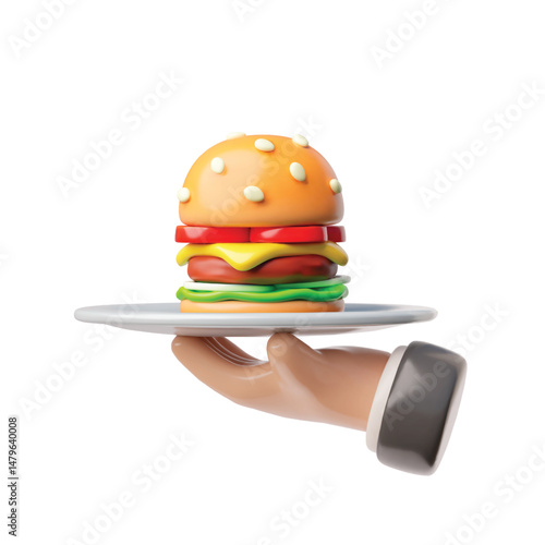3D vector illustration of hand holding plate with burger.