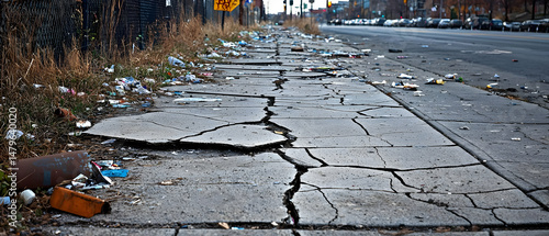Damaged Urban Sidewalk With Litter