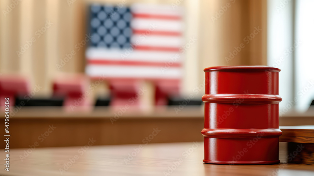 Obraz premium A red oil barrel sits on a table in a courtroom with an American flag in the background, suggesting a legal issue related to energy or oil.