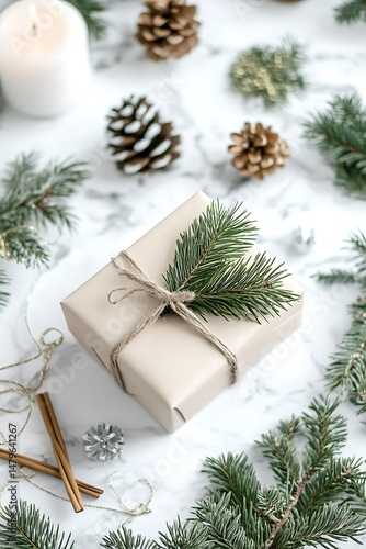Beige gift box adorned with pine branches and pinecones