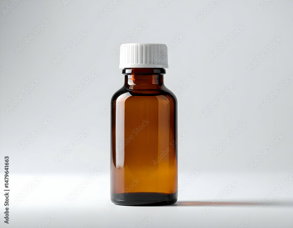 A brown medicine bottle with pills and a glass, isolated on a white background, representing healthcare and pharmaceutical care A brown medicine bottle with pills and a glass, isolated on a white background, representing healthcare and pharmaceutical care