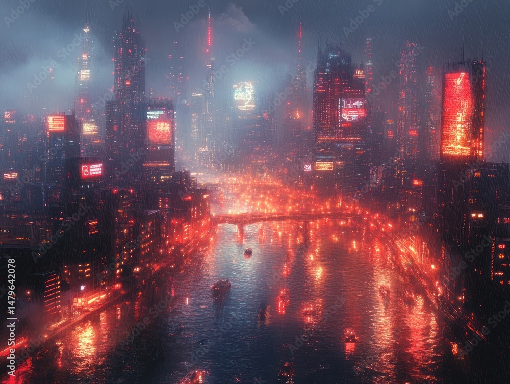Fototapeta premium A futuristic megacity at night, glowing with neon lights and holographic billboards, enveloped in a misty cyberpunk atmosphere