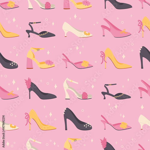 Pattern with high heels shoes illustrations. Seamless texture with modern trendy shoes. Festival female footwear. Stylish flat cartoon collection. Vector pattern on pink background