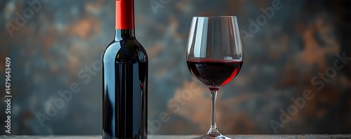 Red wine bottle and glass on table