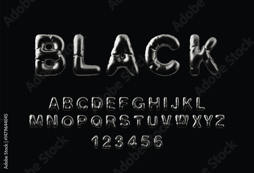 3D English alphabet uppercase letters and numbers, BLACK word from metallic inflated balloon, vector air typing symbols