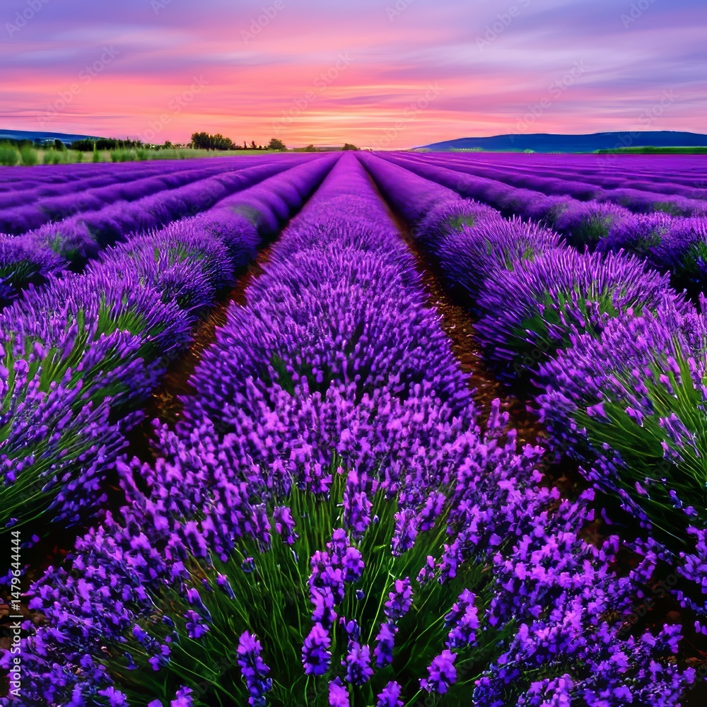 Obraz premium A gorgeous lavender field at sunrise. Generative AI