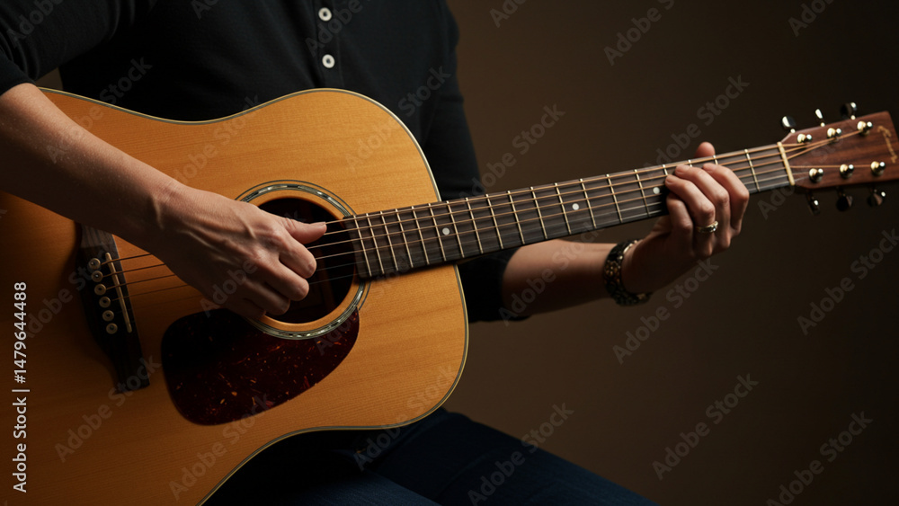 Obraz premium Playing Acoustic Guitar Close-up Hand on Strings